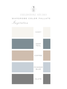 Wardrobe color palette inspiration. Ivory, Deep Teal, Coffee, Powder Blue, Slate.