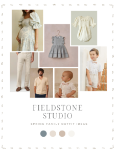 Style board of spring outfit ideas for families, including Mom, Dad, Toddler Girl, Boy, Baby Girl, Baby Boy.