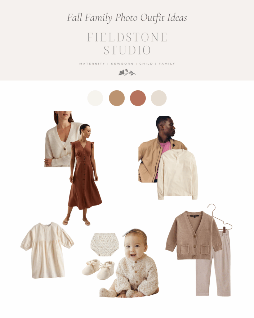 Neutral and earthy style guide with options for moms, dads, and kids for fall family photos from Boston Family Photographer Fieldstone Studio. 