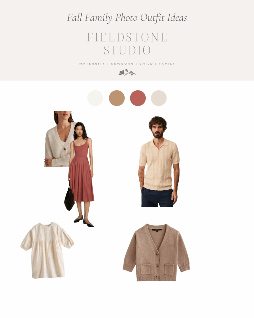 Coordinated fall family outfits in warm tones showing what to wear for fall family photos from Cambridge Family Photographer Fieldstone Studio. 