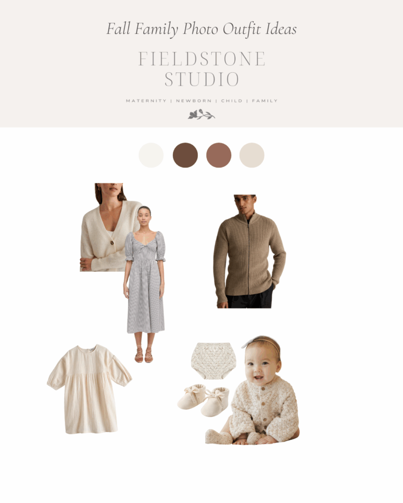 Style board with neutral fall outfit ideas for what to wear for fall family photos from Newburyport Family Photographer Fieldstone Studio.