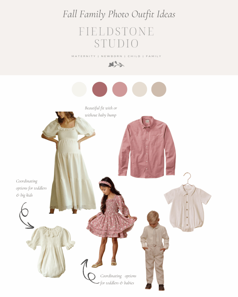 Curated fall clothing ideas for families wondering what to wear for fall photos from NH Family Photographer Fieldstone Studio. 